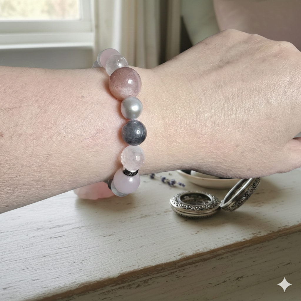 Damen Armband Edelstein / "Rosa Velata" / Rosenquarz + Quarz + Sonnenstein + Perle  / Silberdetail