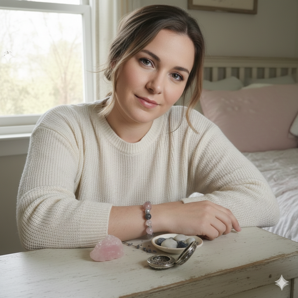 Damen Armband Edelstein / "Rosa Velata" / Rosenquarz + Quarz + Sonnenstein + Perle  / Silberdetail