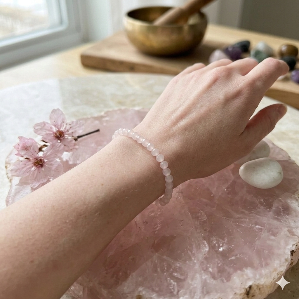 Damen Armband / Amore Luce / Rosenquarz facettiert 4 mm Kugeln