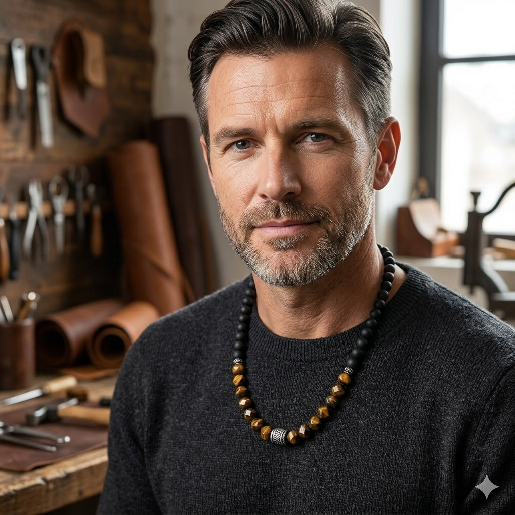 Herren Halskette / Collana Terra & Forza / Achat + Tigerauge / Edelstahl / kraftvoll + maskulin (Kopie)