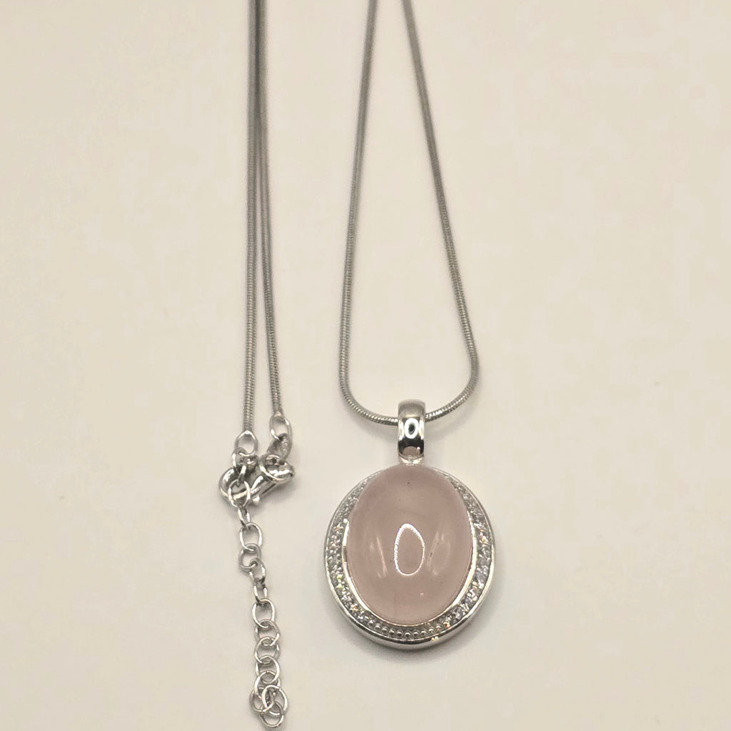 Damen Kette mit Anhänger Rosenquarz Oval