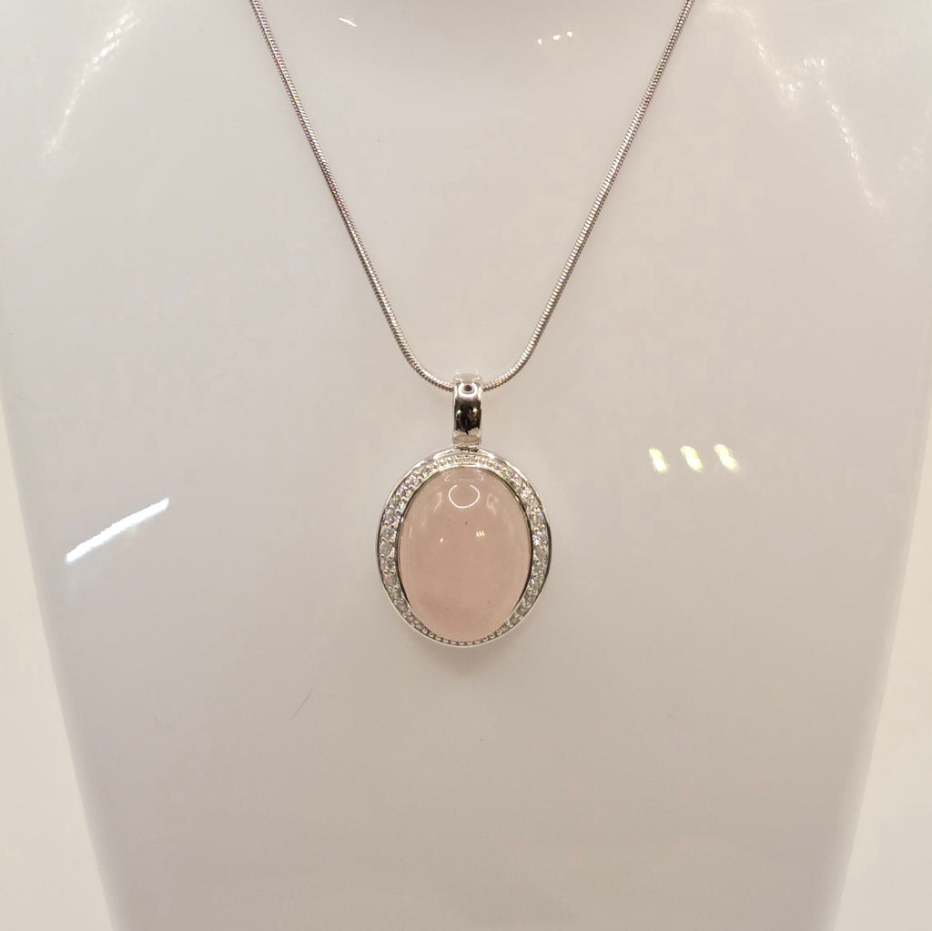 Damen Kette mit Anhänger Rosenquarz Oval