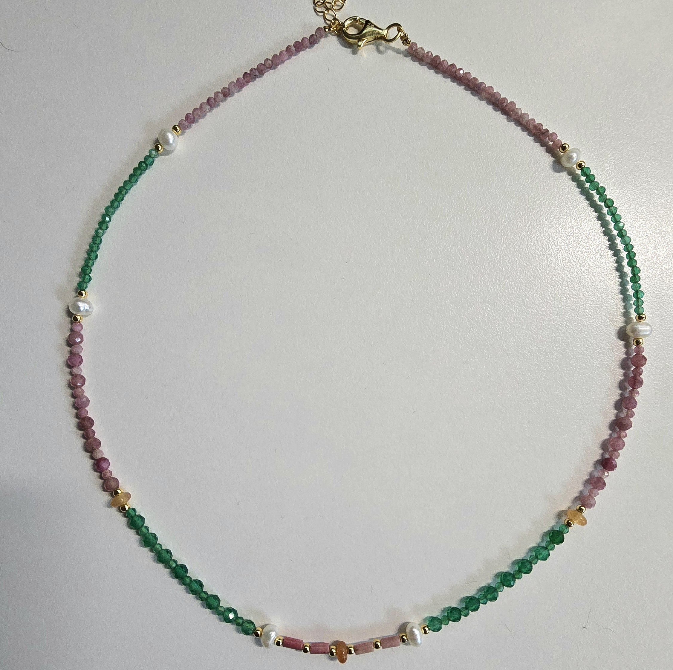 Damen Collier / Aurora Vita / 925er Silber vergoldet / Aventurin + Turmalin + Perlmutt