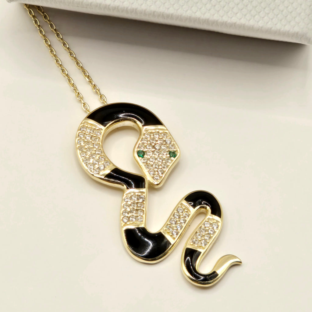 Damen Kette Schlange / Serpente Nero Oro / 925er Silber vergoldet / Zirkonia / Mystisch