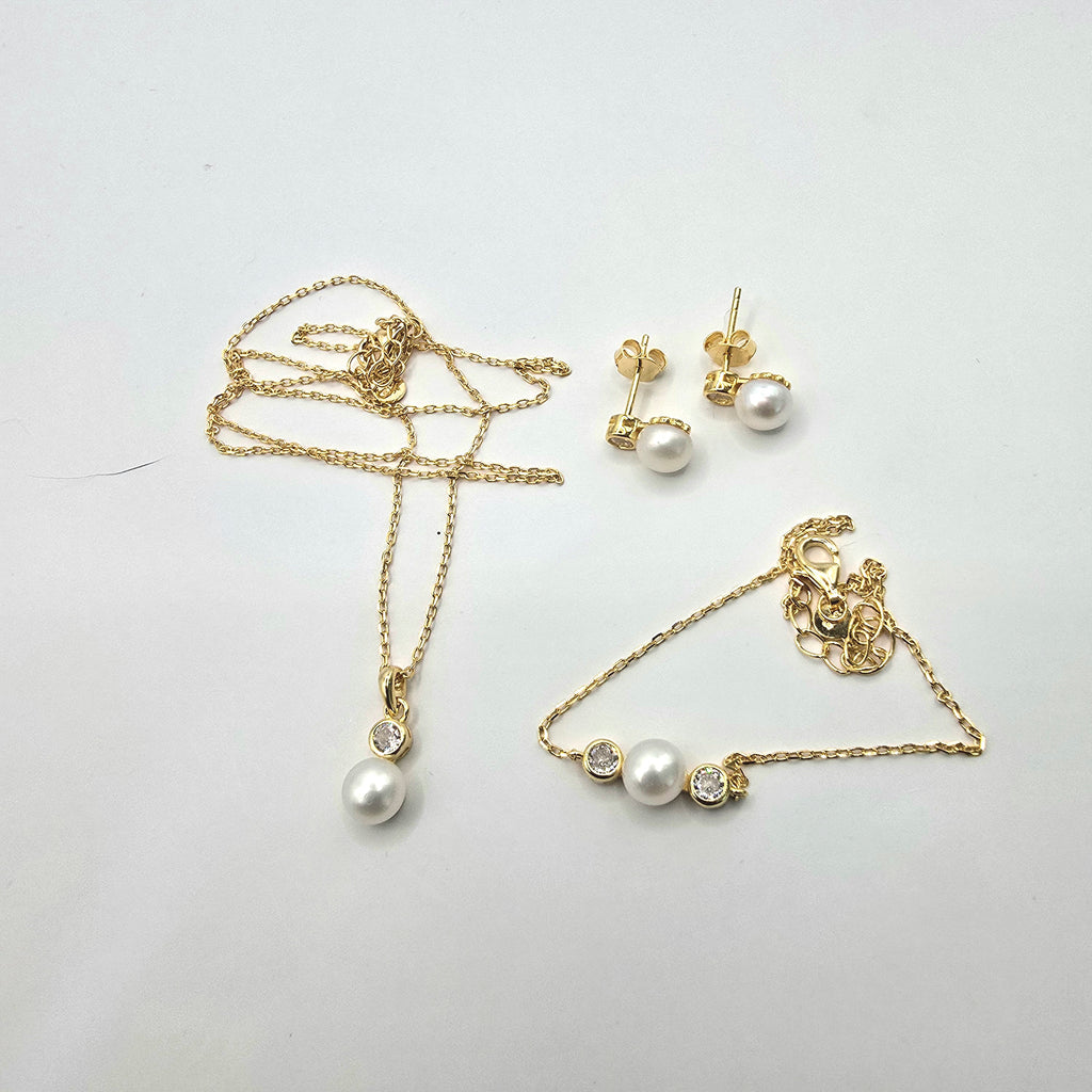 Damen Schmuck-Set Perle / Perla Serena / 925er Silber 8 K vergoldet / Zirkonia / Serie Nominor