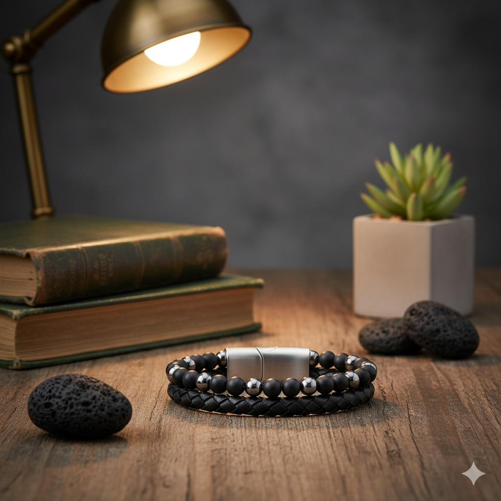 Armband Herren Black Star auf Tisch mit Lampe DAVUTA Spirit Jewellery