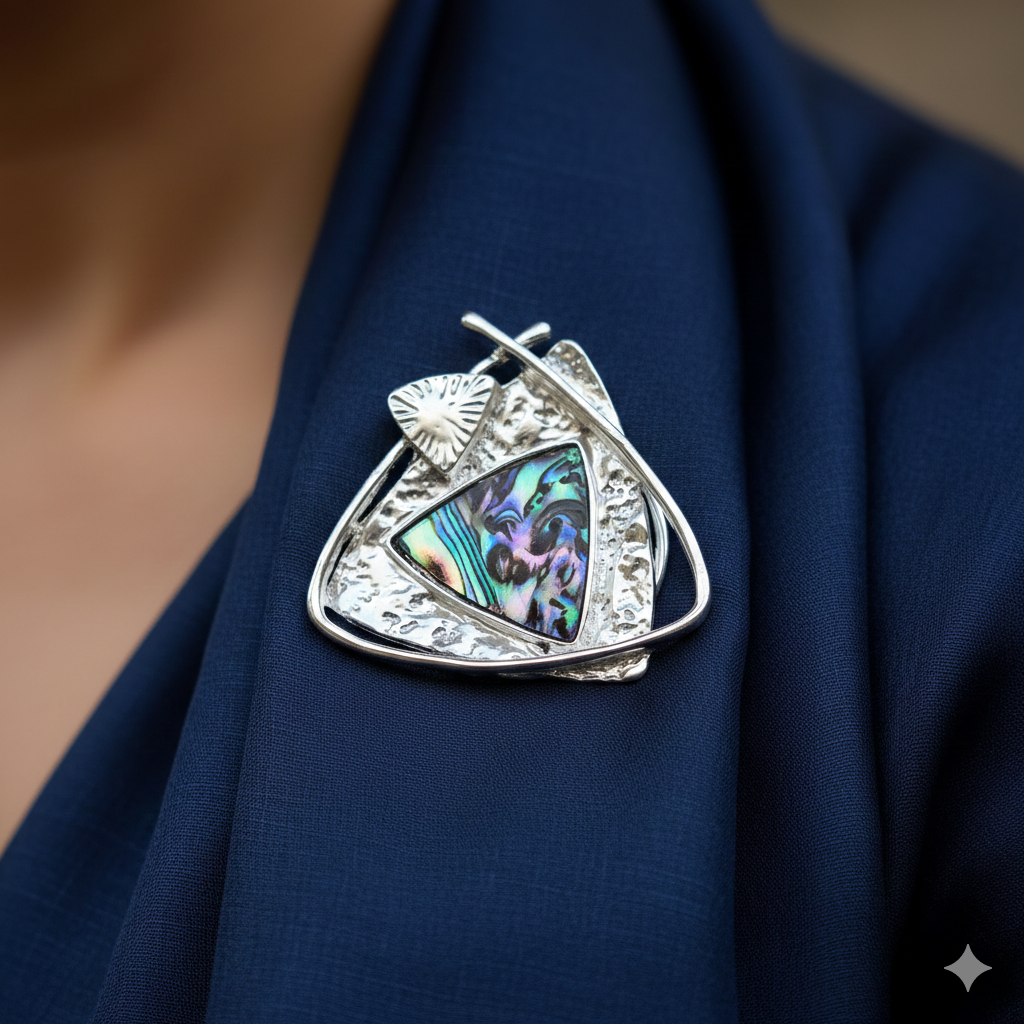 Brosche für Schal oder Blazer Dreieck mit Abalone und versilbert DAVUTA