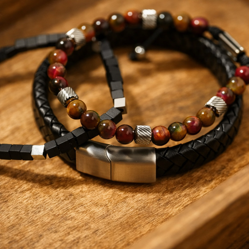 Herren Armband / Nero Intreccio / Kalbsleder + Edelstahl / schlicht und edel