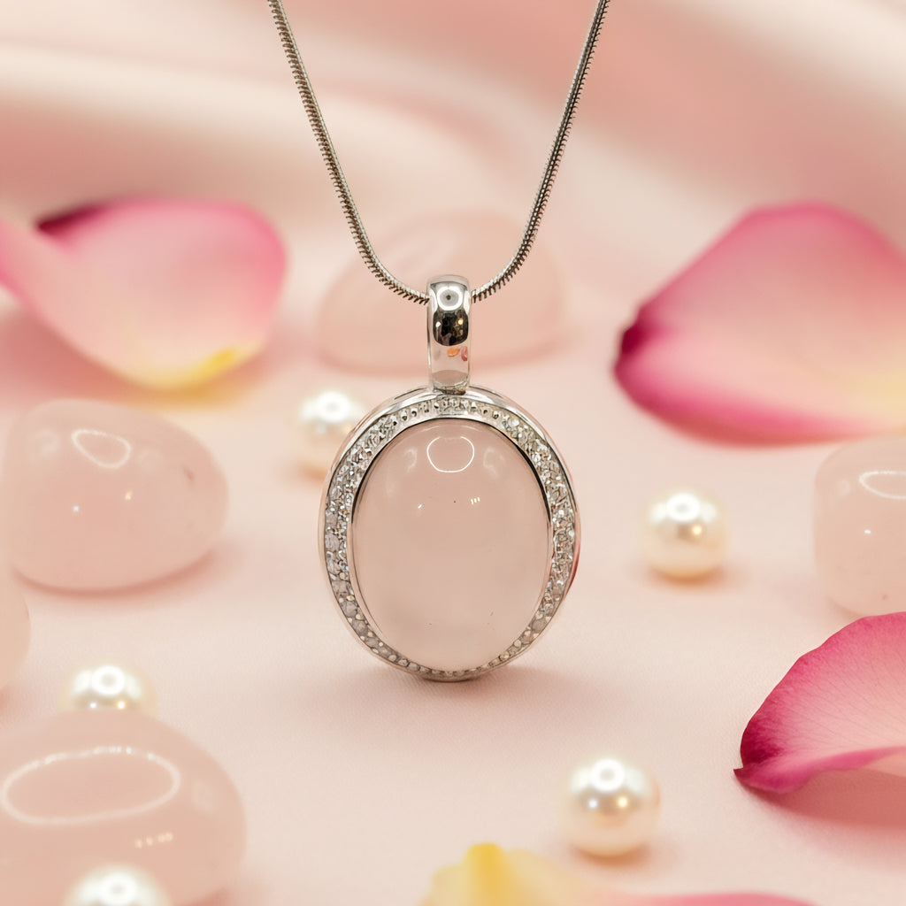 Damen Kette mit großem Rosenquarzanhänger und Zirkoniasteinen mit Schlangenkette in Slber by Davuta spirit Jewellery