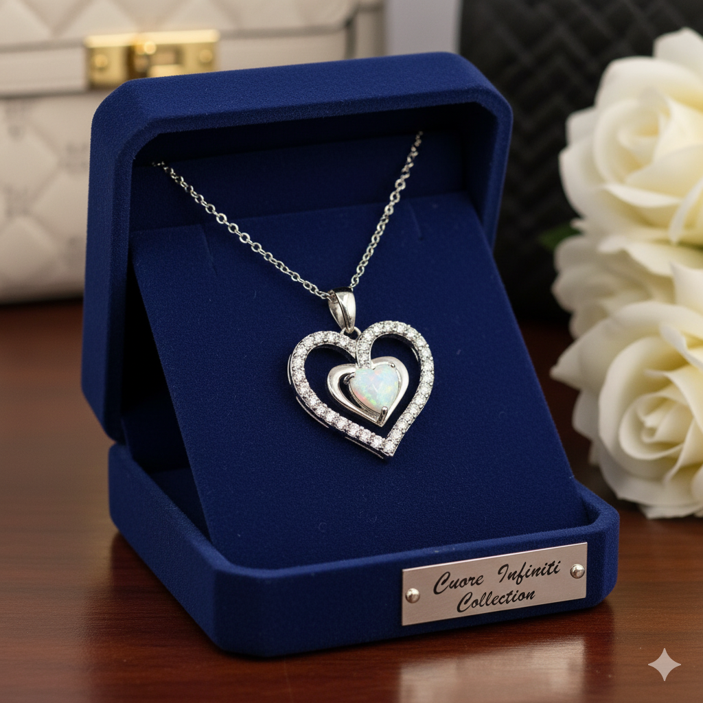 Damen Kette mit Herzanhänger und Herz innen Opal und Zirkonia Davuta Spirit Jewellery in blauer Schmuckbos Kollektion Cuore Infinito