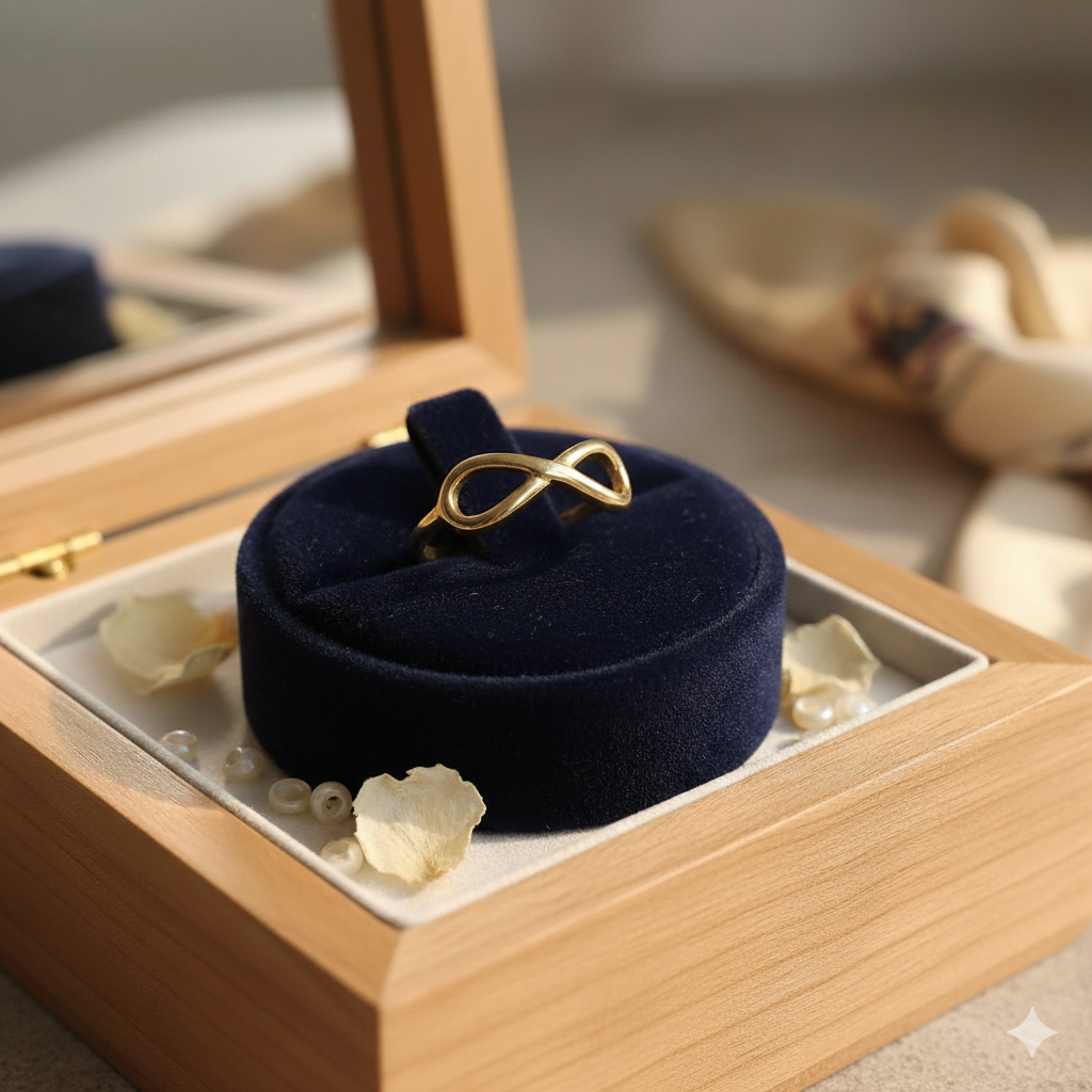 Damen Ring Infinity Silber Vergoldet auf blauen Samtkissen in Holzbox