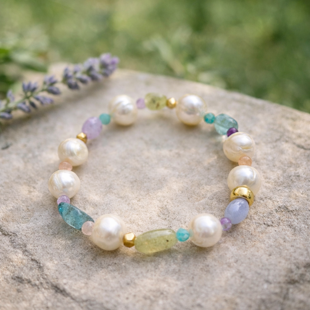 Damen Armband Heide Heinzendorff Süßwasserperle Sonnenstein Detail vergoldet elastisch