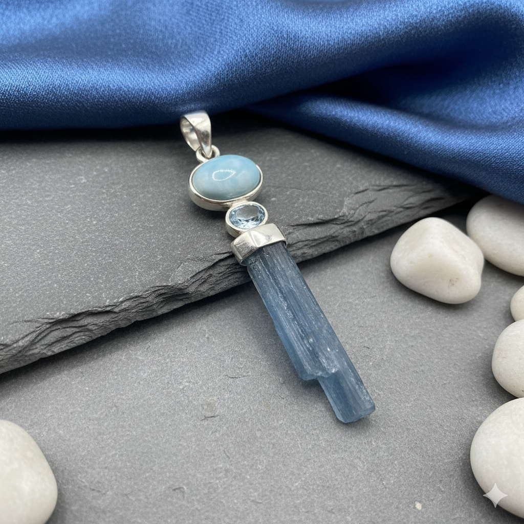 Damen Anhänger für Kette in Silber mit Aquamarinkristall und Larimar