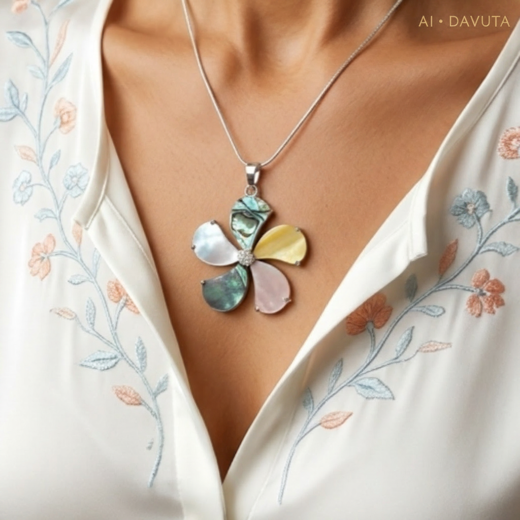 Damen Anhänger Blume Perlmutt Abalone nah am Modell