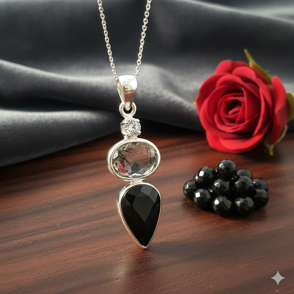 Damen Anhänger Silber mit Turmalin und Turmalinquarz schwarz und Zirkonia facettiert