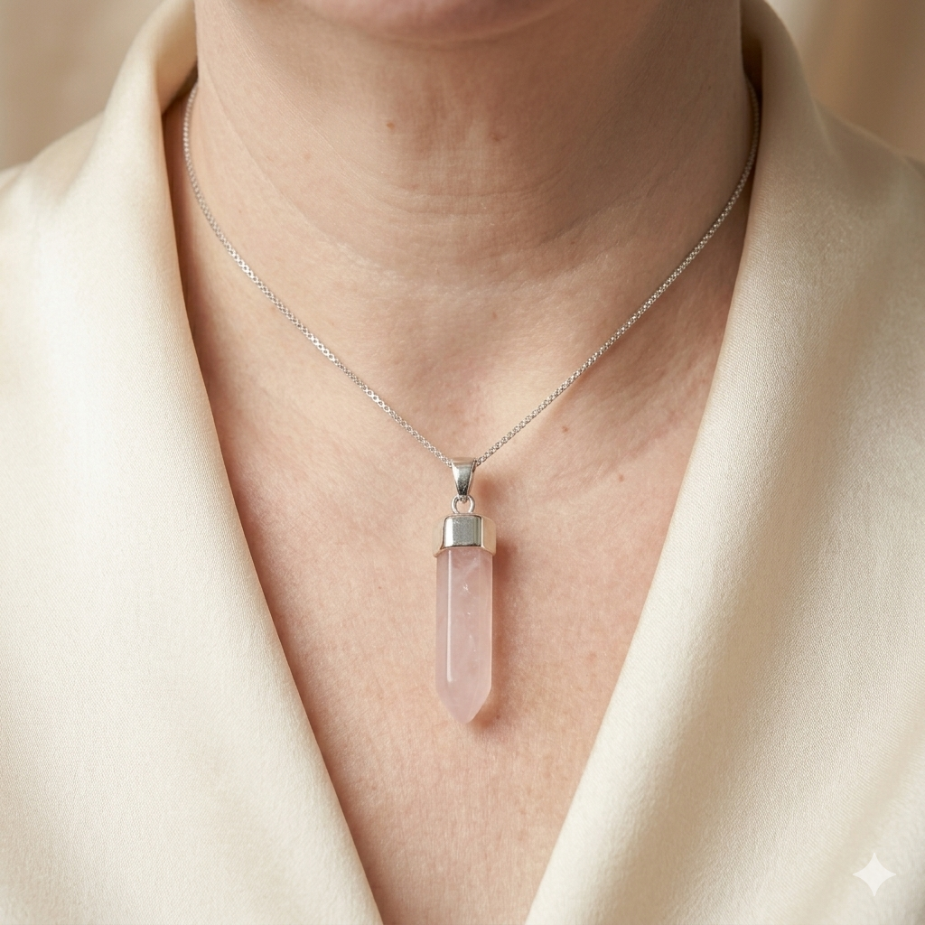 Damen Anhänger mit RosenquarzKristallspitze  nah am Modell ba DAVUTA