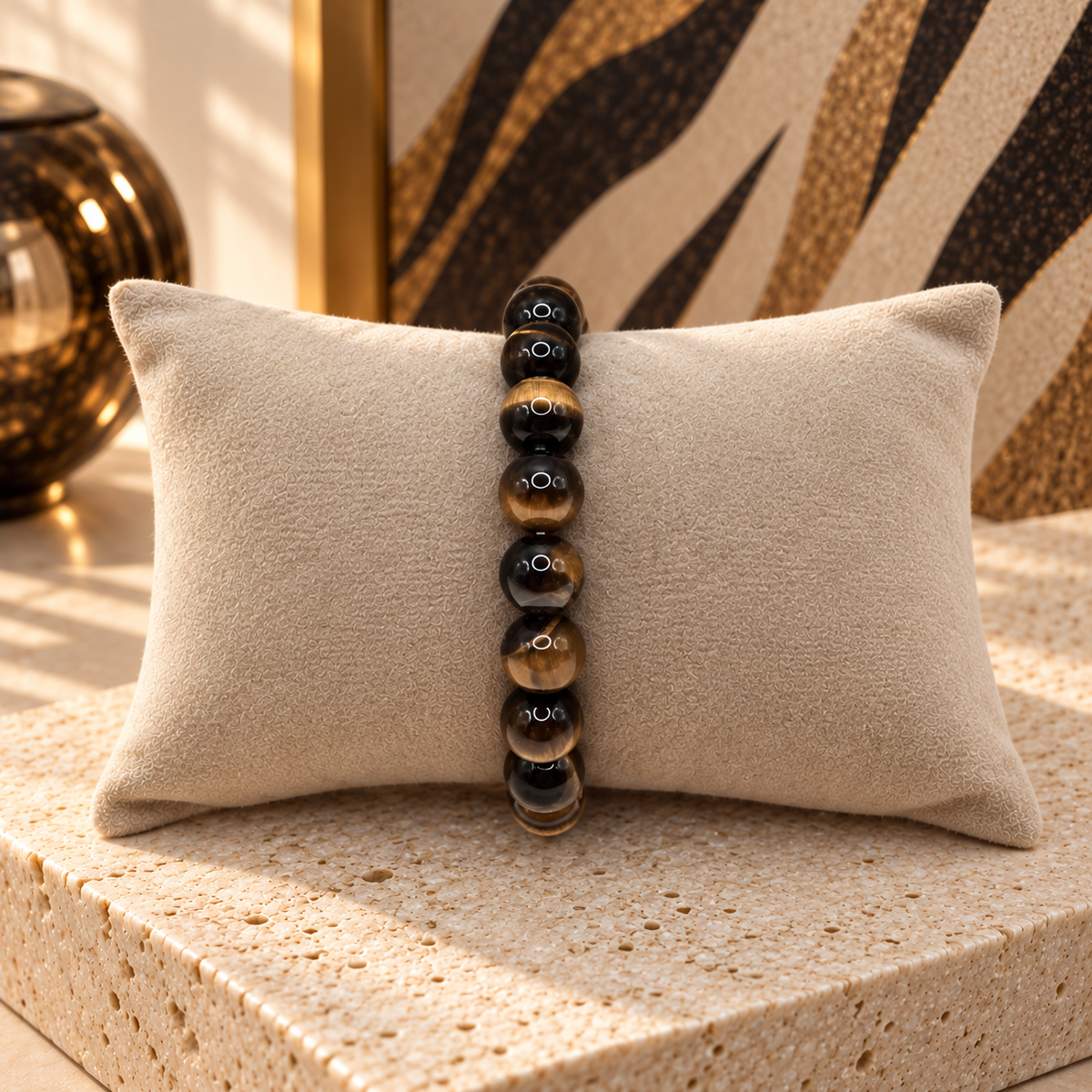 Damen Armband 10 mm Tigerauge DAVUTA auf Kissen
