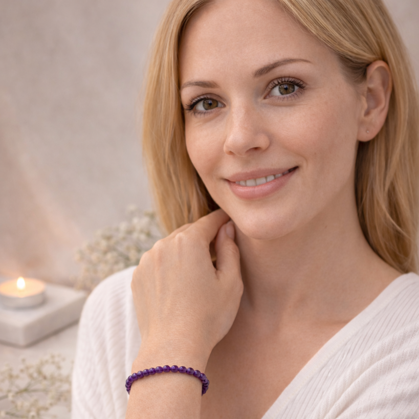 Damen Armband Amethyst 4 mm Kugeln am Arm eines Models by DAVUTA