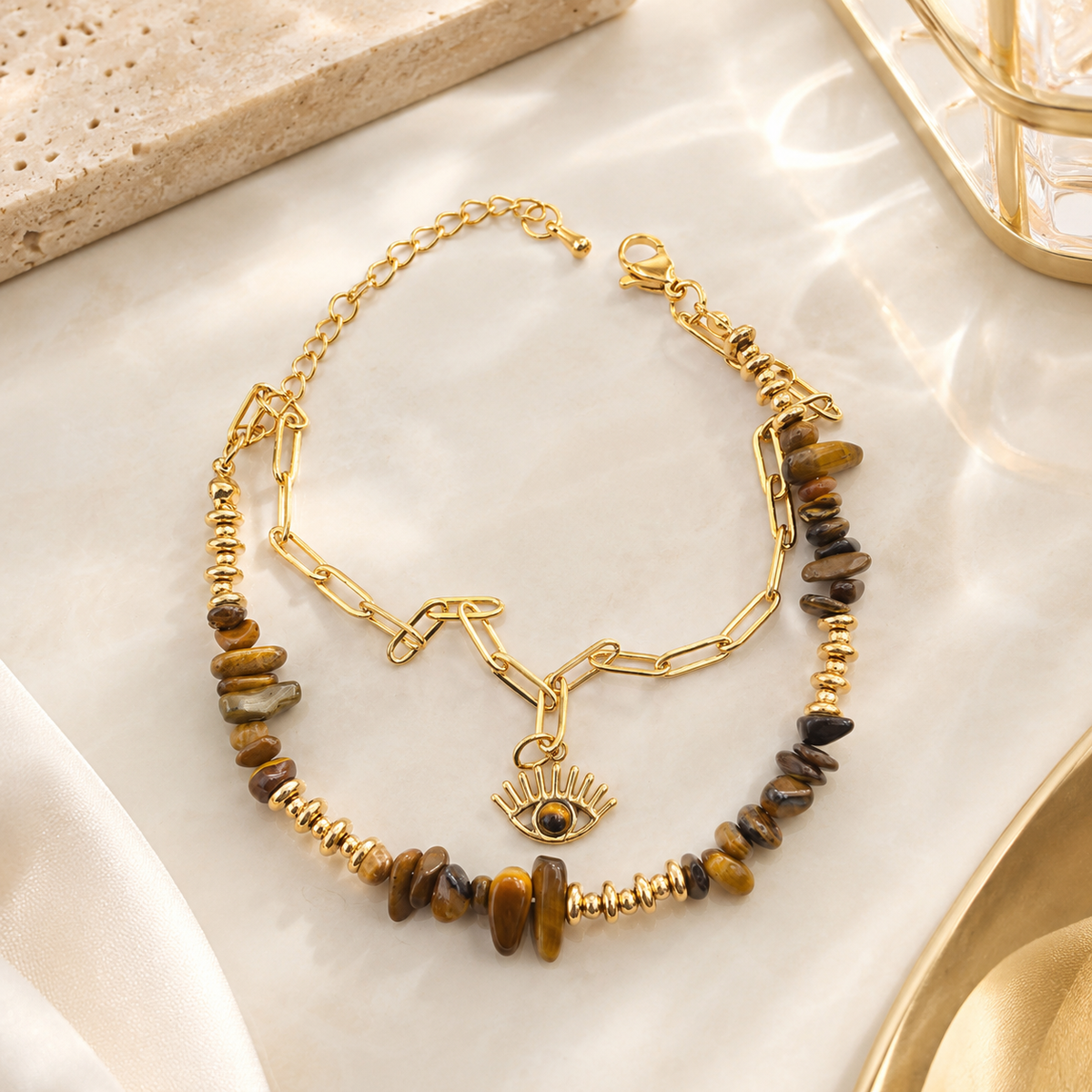 Damen Armband Edelstahl golden Tigerauge Horus by DAVUTA