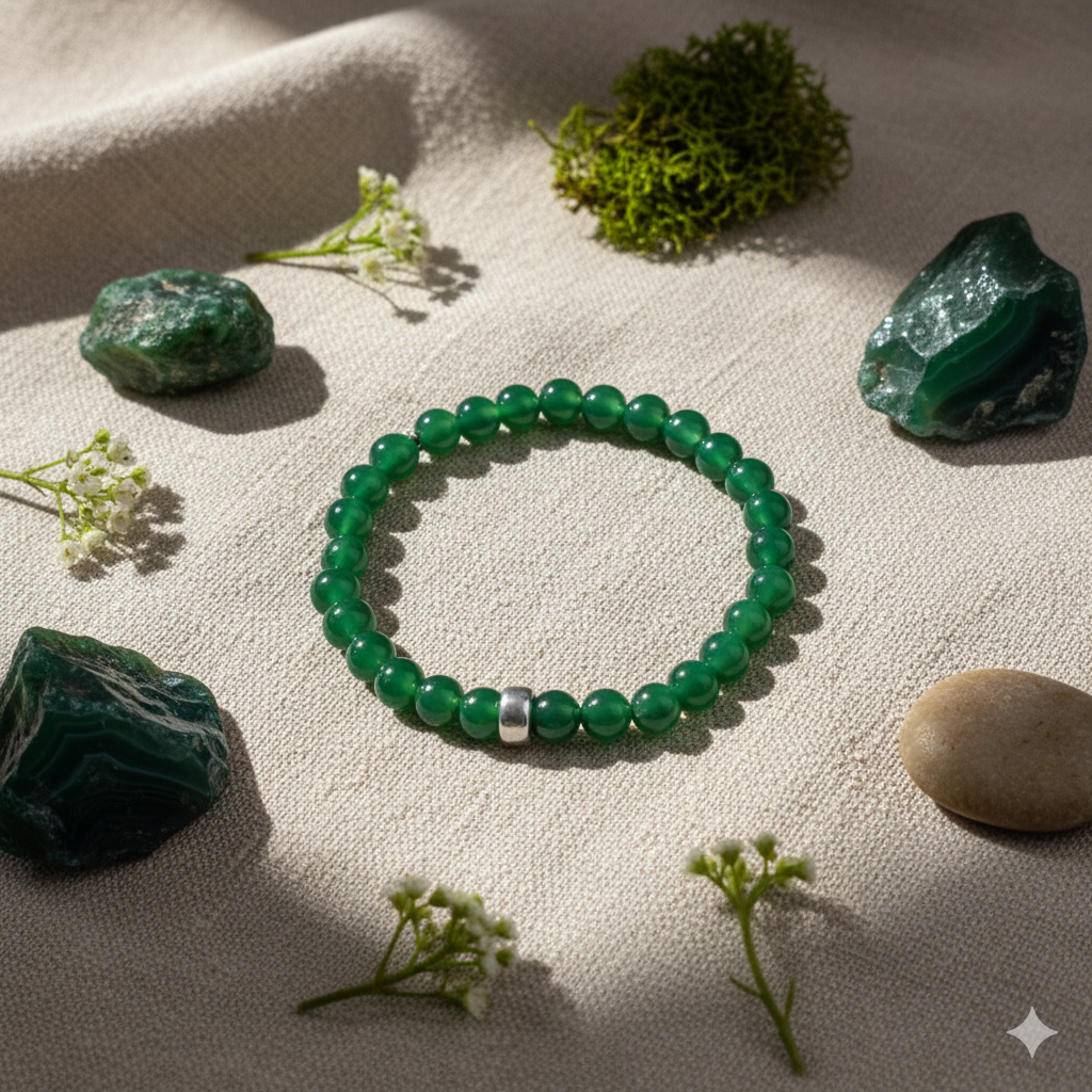 Damen Armband Edelstein grüner Achat mit Detail in Silber Heide Heinzendorff by DAVUTA