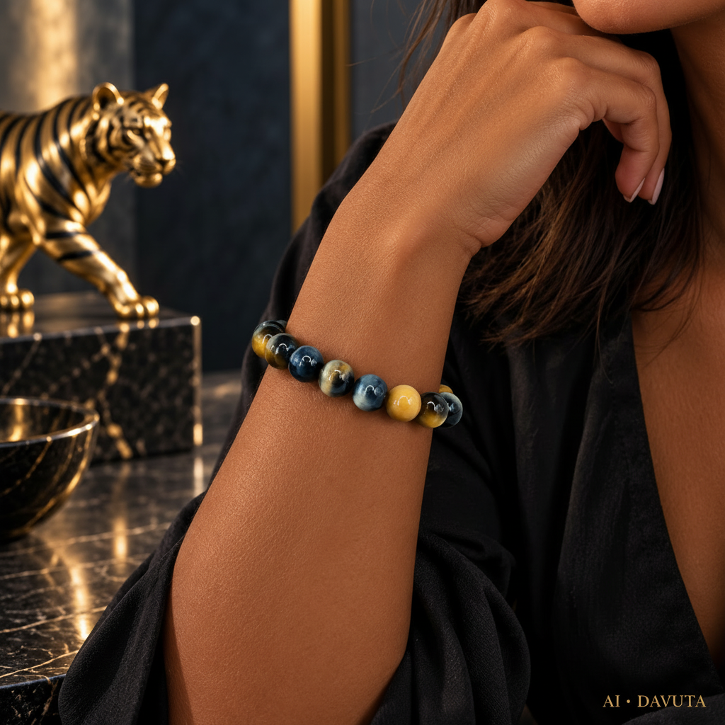 Damen Armband Elastisch Goldenes Tigerauge 10 mm DAVUTA am Arm