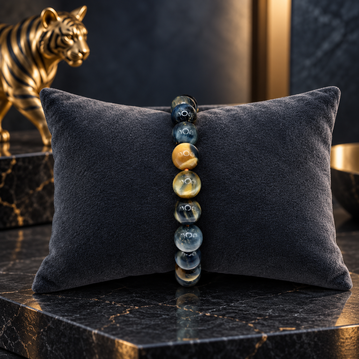 Damen Armband Elastisch Goldenes Tigerauge 10 mm DAVUTA auf Kissen