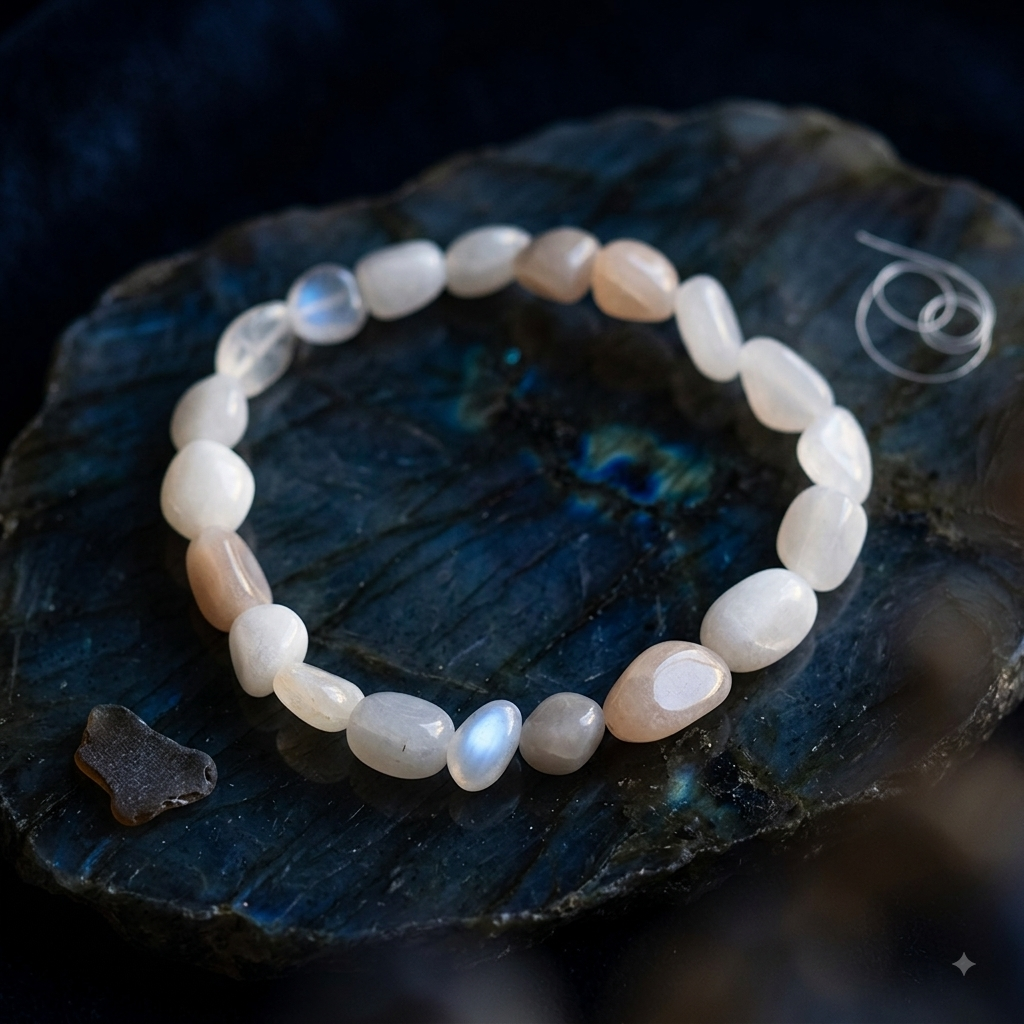 Damen Armband Elastisch Mondstein weiß Nuggets by DAVUTA