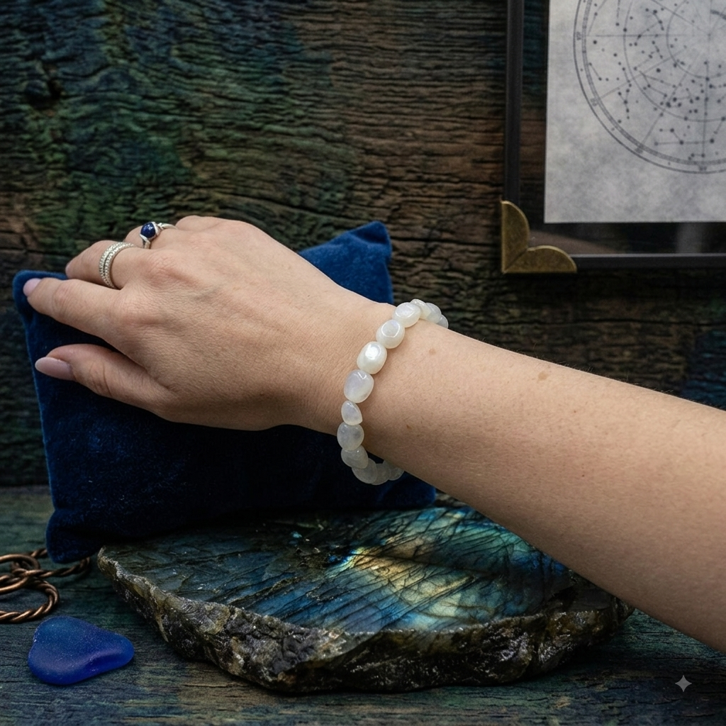 Damen Armband Elastisch Mondstein weiß Nuggets am Arm by DAVUTA