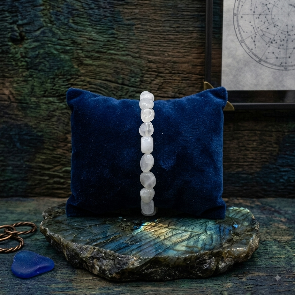 Damen Armband Elastisch Mondstein weiß Nuggets auf Kissen by DAVUTA