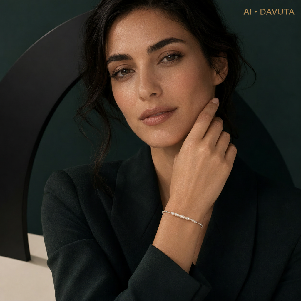 Damen Armband Elastisch Silber- und Süßwasserperlen am Modell by DAVUTA