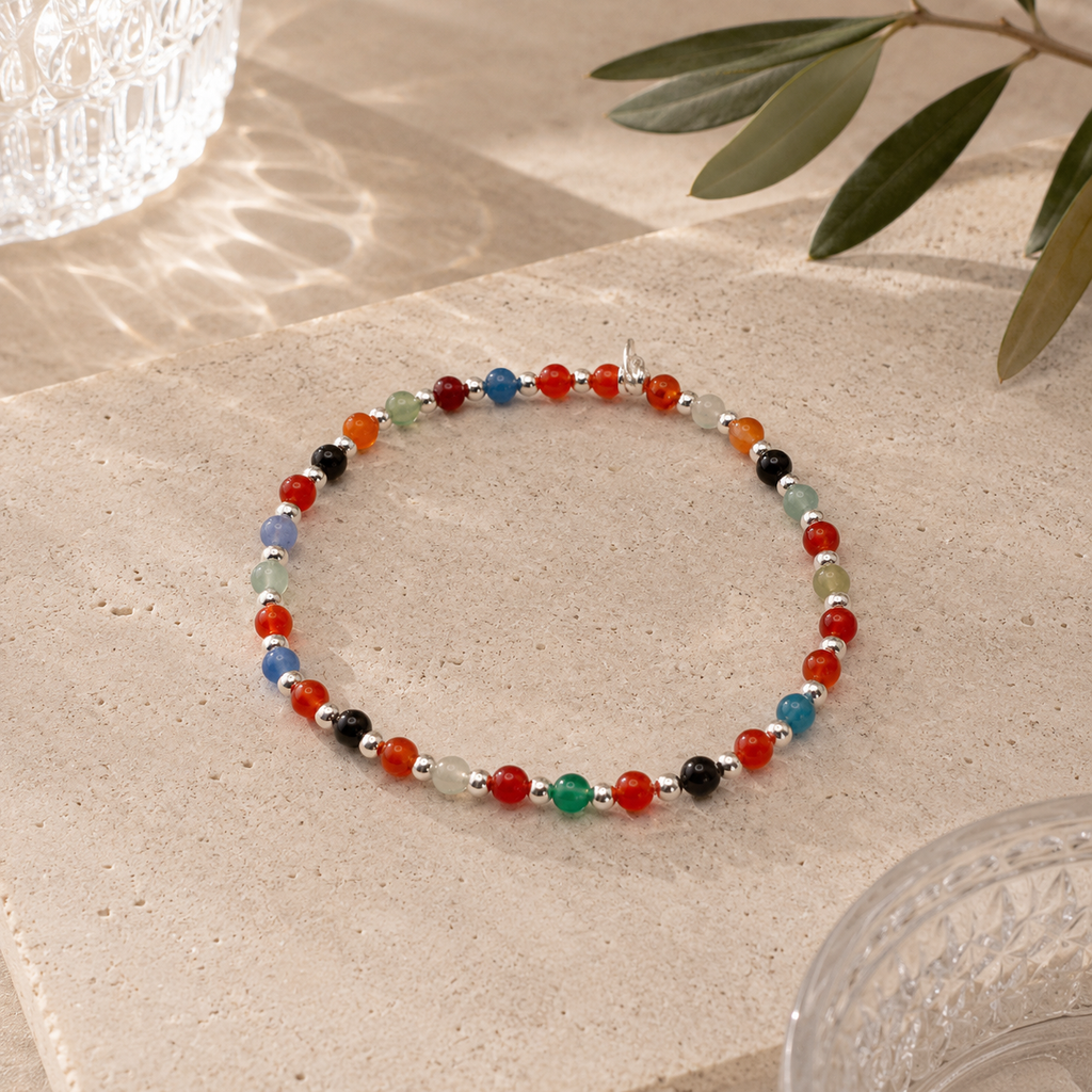 Damen Armband Elastisch Silber und Edelsteinmixperlen by DAVUTA