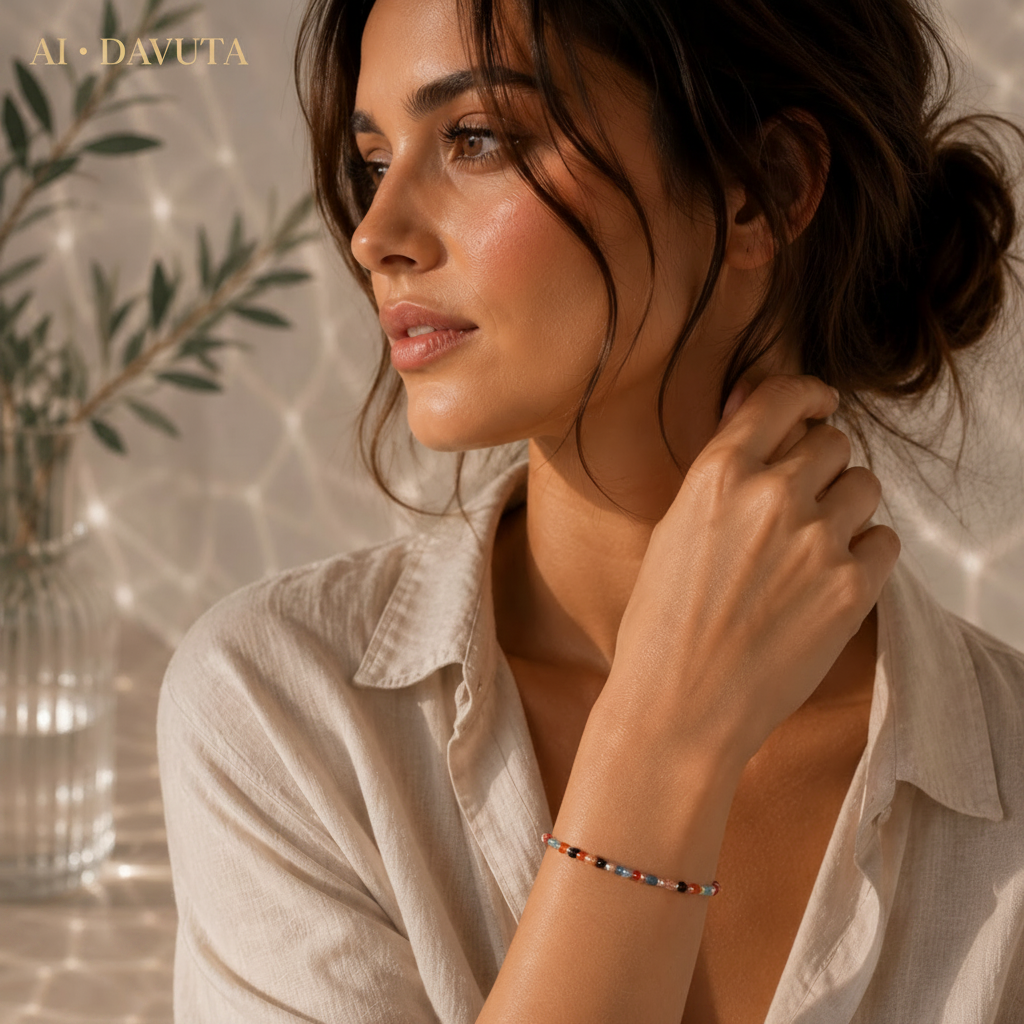 Damen Armband Elastisch Silber und Edelsteinmixperlen am Modell by DAVUTA