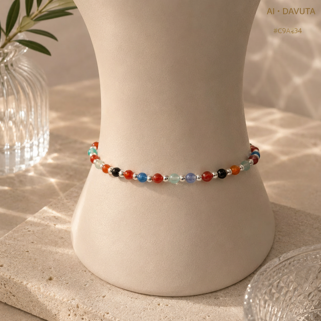 Damen Armband Elastisch Silber und Edelsteinmixperlen an Büste by DAVUTA