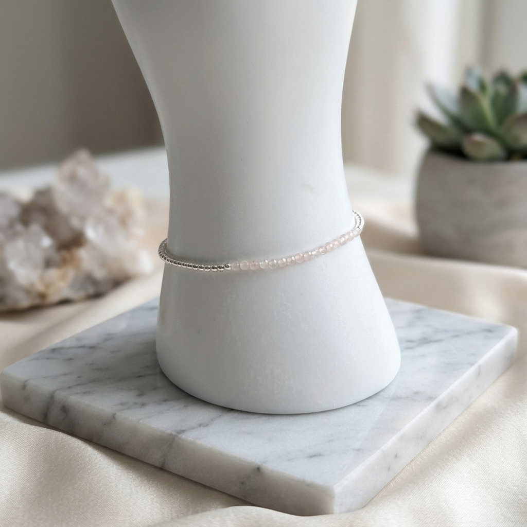 Damen Armband Elastisch Silber und Rosenquarzperlen