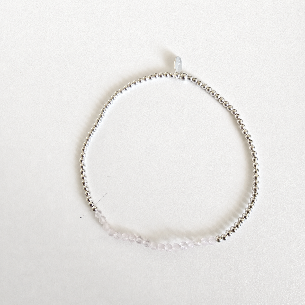 Damen Armband Elastisch Silber und Rosenquarzperlen clean