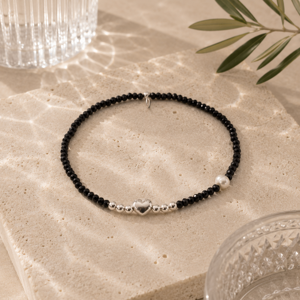 Damen Armband Elastisch Silberperle Herz FWP Edelstein by DAVUTA