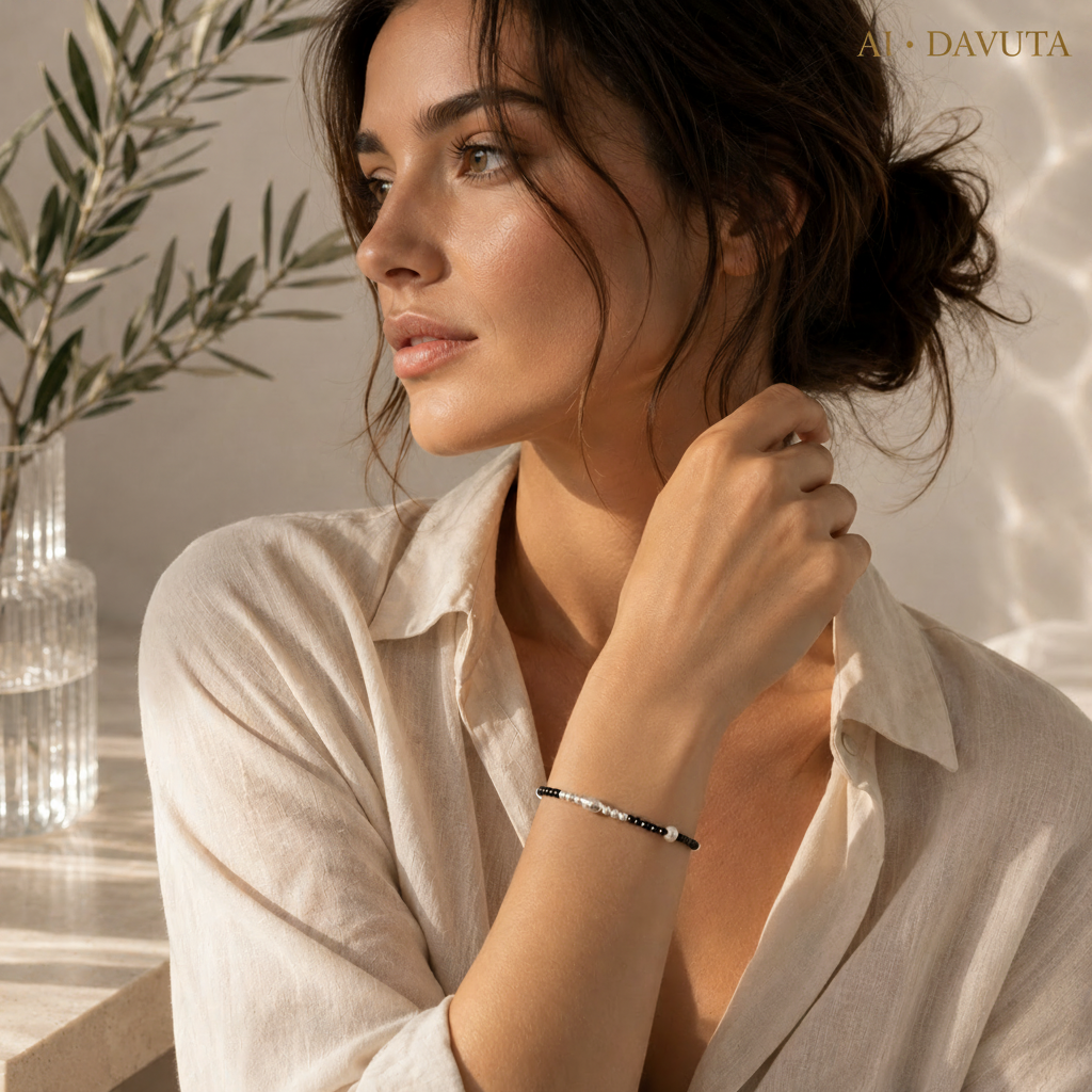 Damen Armband Elastisch Silberperle Herz FWP Edelstein am Modell by DAVUTA