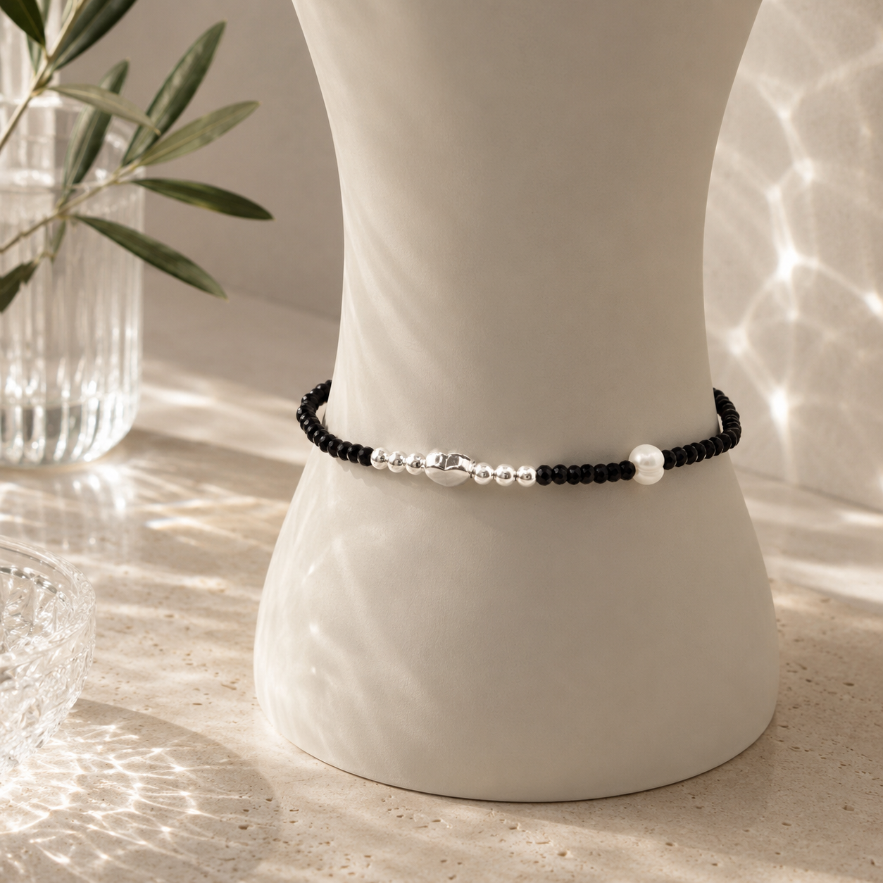 Damen Armband Elastisch Silberperle Herz FWP Edelstein an Büste by DAVUTA