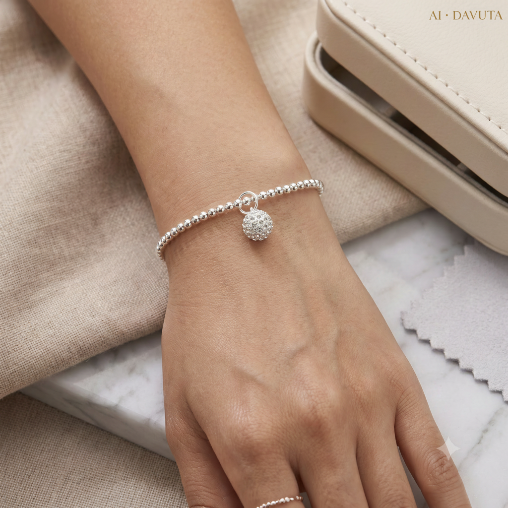 Damen Armband Elastisch Silberperlen mit Zirkonia Pavekugel am Modelarm by DAVUTA