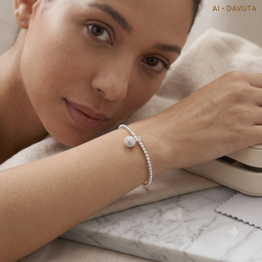 Damen Armband Elastisch Silberperlen mit Zirkonia Pavekugel am Modell by DAVUTA
