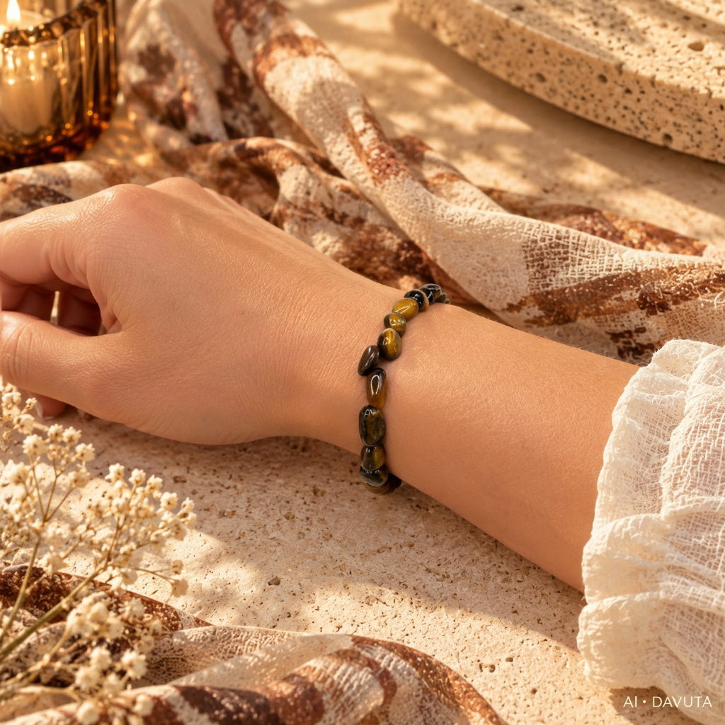 Damen Armband Elastisch Tigerauge Nuggets DAVUTA am Arm