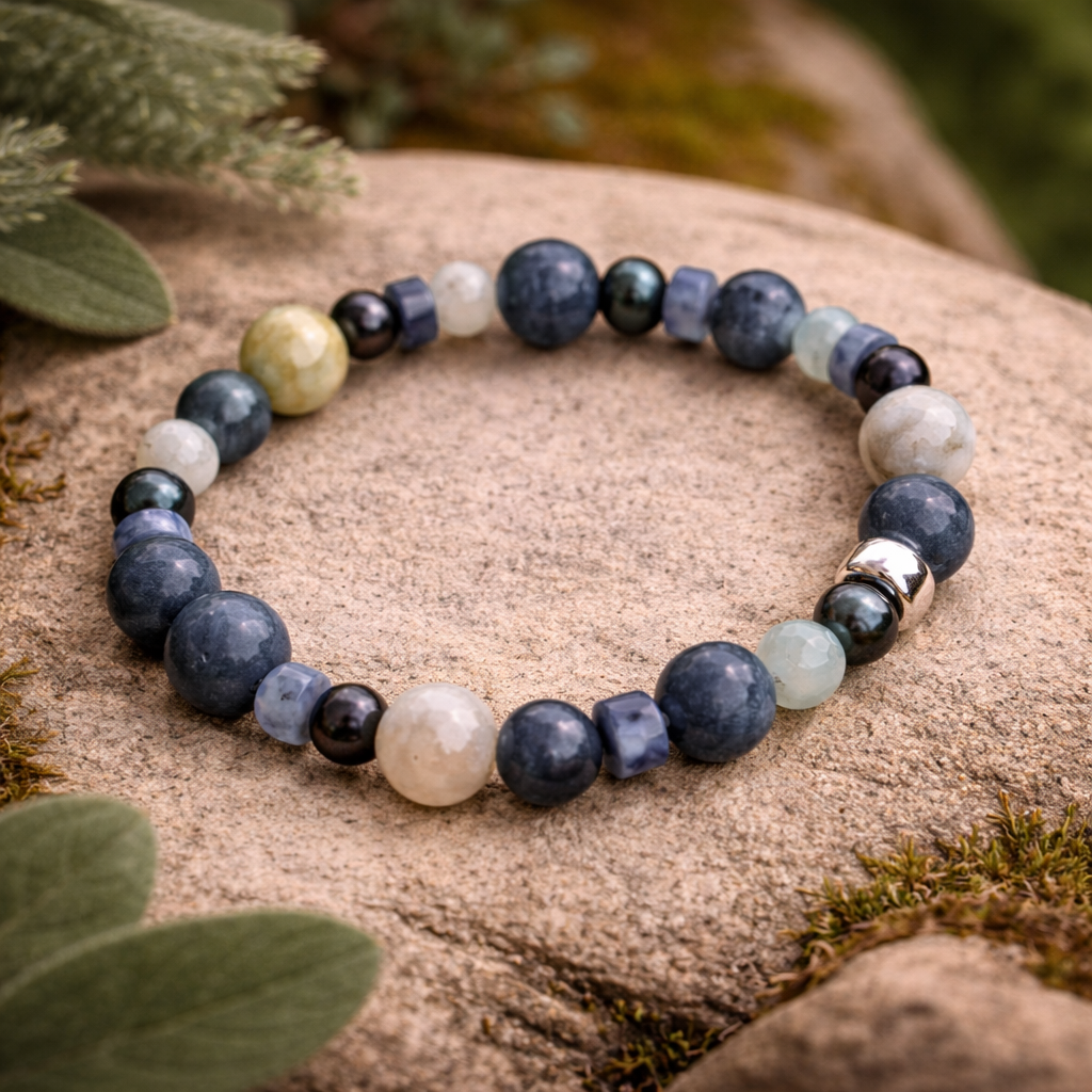 Damen Armband Heide Heinzendorff Blautöne, Koralle, Aquamarin Jaspis Perle mit Silberdetail by DAVUTA