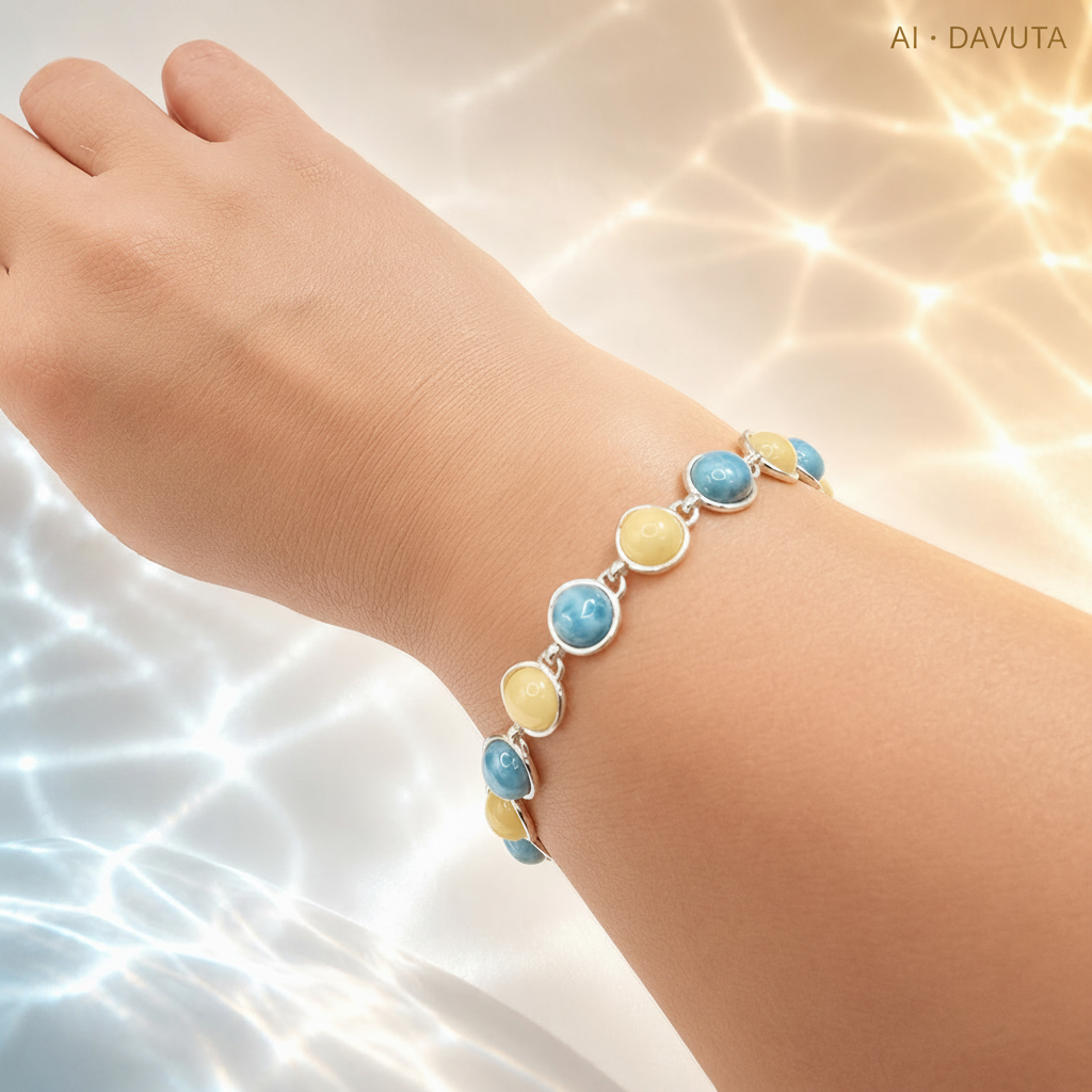 Damen Armband Larimar Bernstein Silber am Arm by DAVUTA