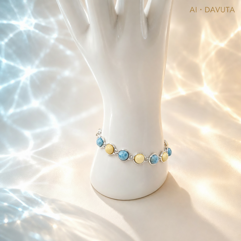Damen Armband Larimar Bernstein Silber an Büste