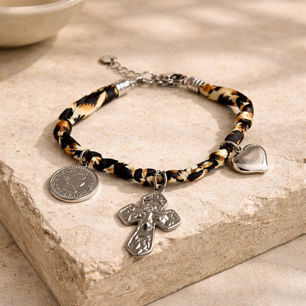 Damen Armband Leoprint mit Symbolen aus Edelstahl by DAVUTA
