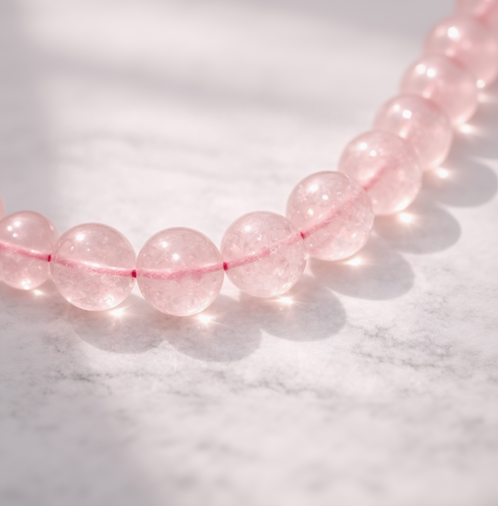 Damen Armband Rosenquarz 8 mm Kugeln Closeup by DAVUTA