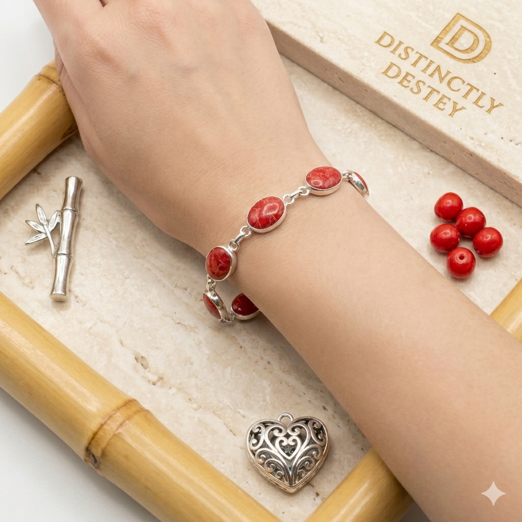 Damen Armband Silber Schaumkoralle rot am Arm Model by DAVUTA