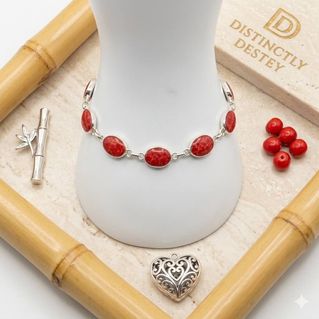 Damen Armband Silber Schaumkoralle rot an Büste by DAVUTA