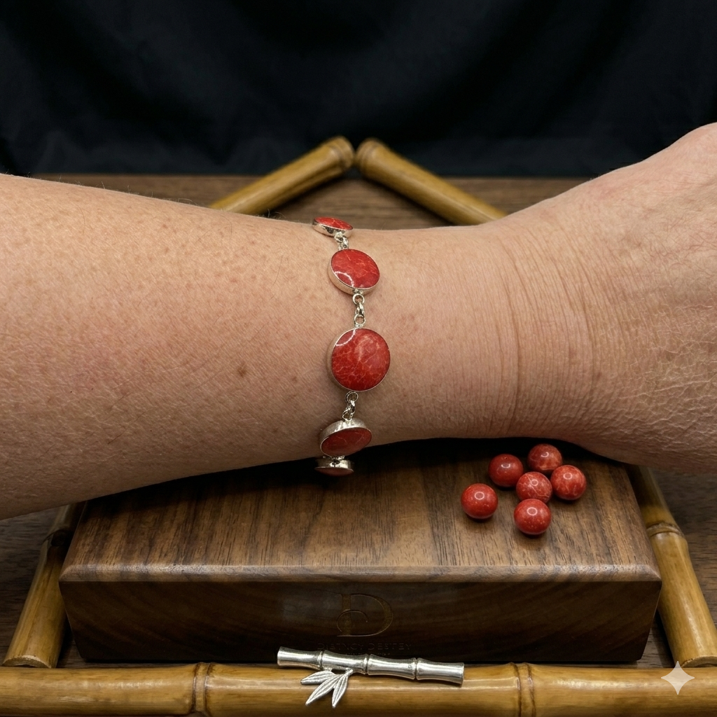 Damen Armband Silber mit Schaumkoralle rot am Arm Model by DAVUTA