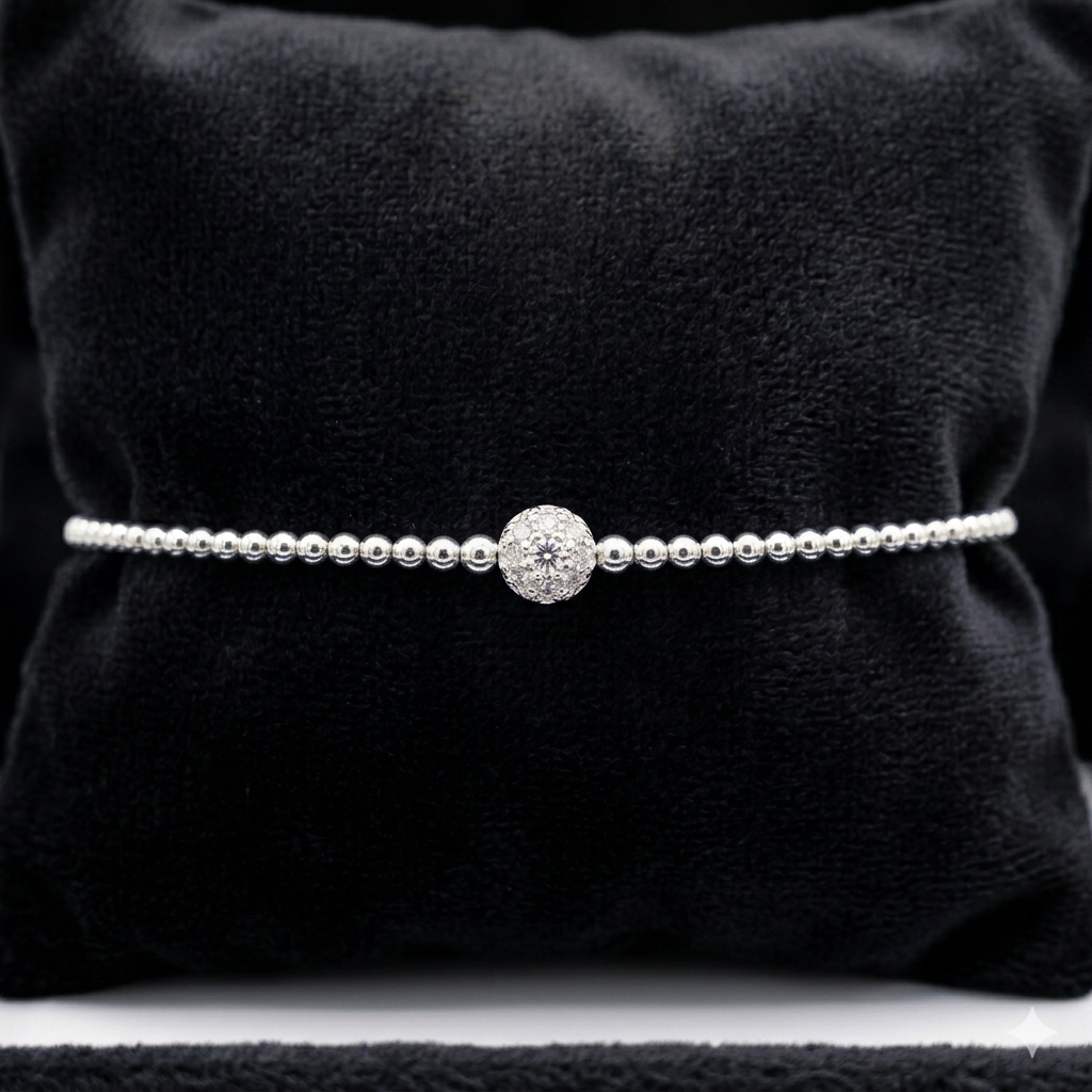 Damen Armband Silberperlen und Zirkonia Pavekugel an Kissen